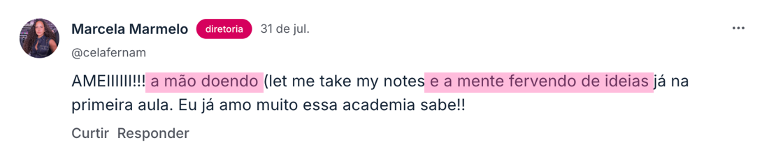 Depoimento de aluna na comunidade da Academia Sexy Minds